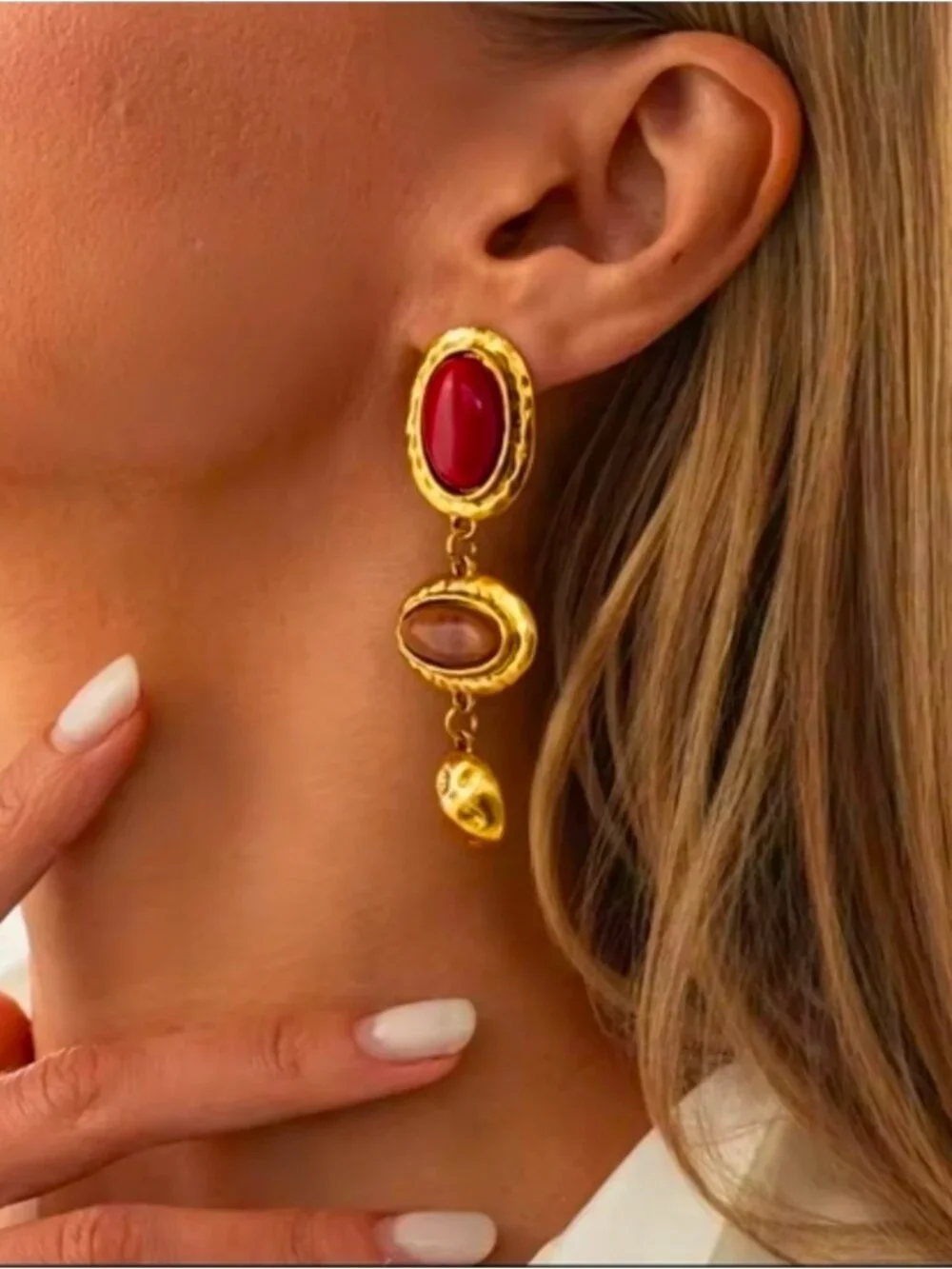 Gold Drop Earrings with Red and Brown Stones